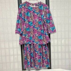 California Looks Floral Faux 2-Pc Skirt Jacket Set Pleated 16 Navy Purple Dress